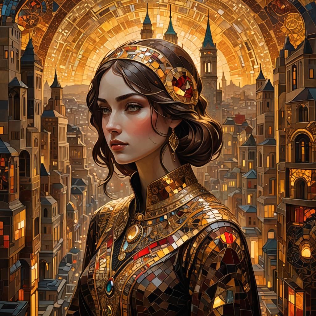 Cubist Girl in Cityscape with Klimt-Inspired Mosaic