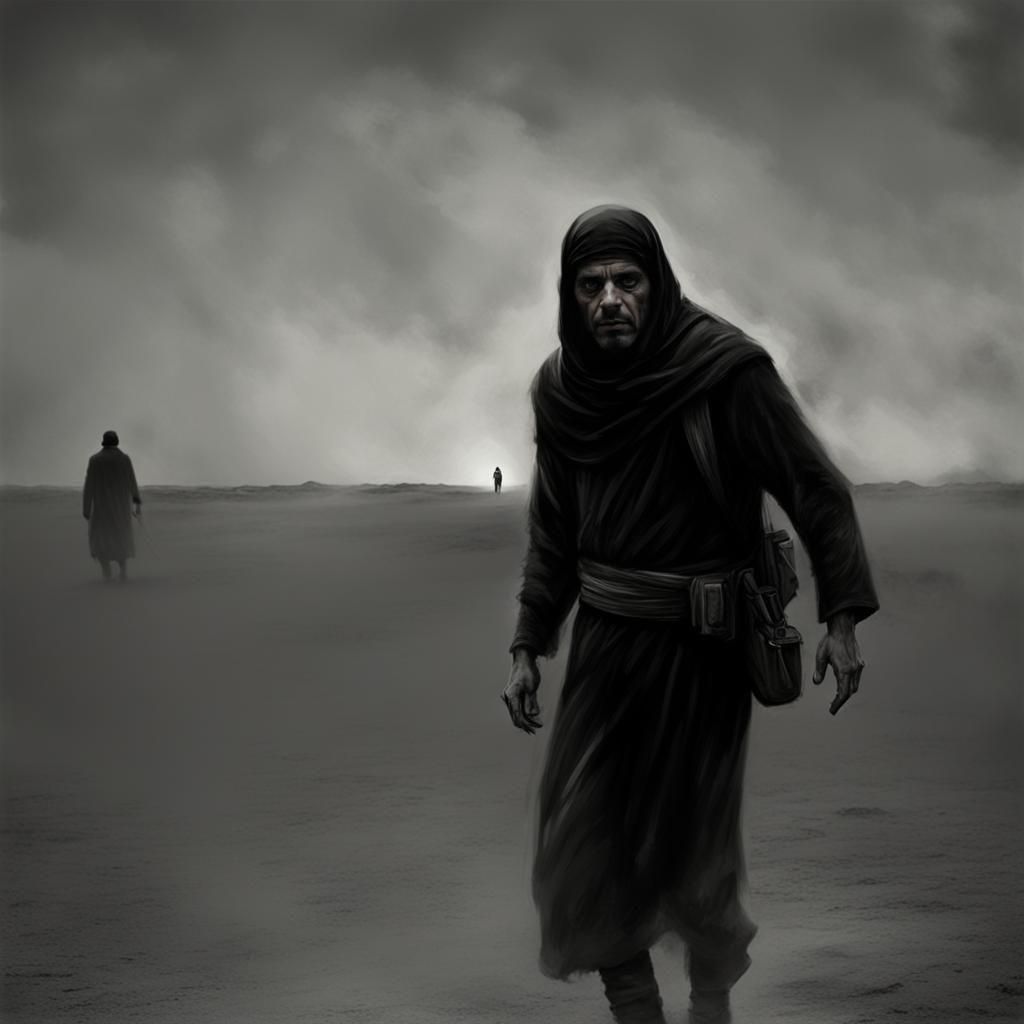 Wandering Libyan Man in Sinister Charcoal Style