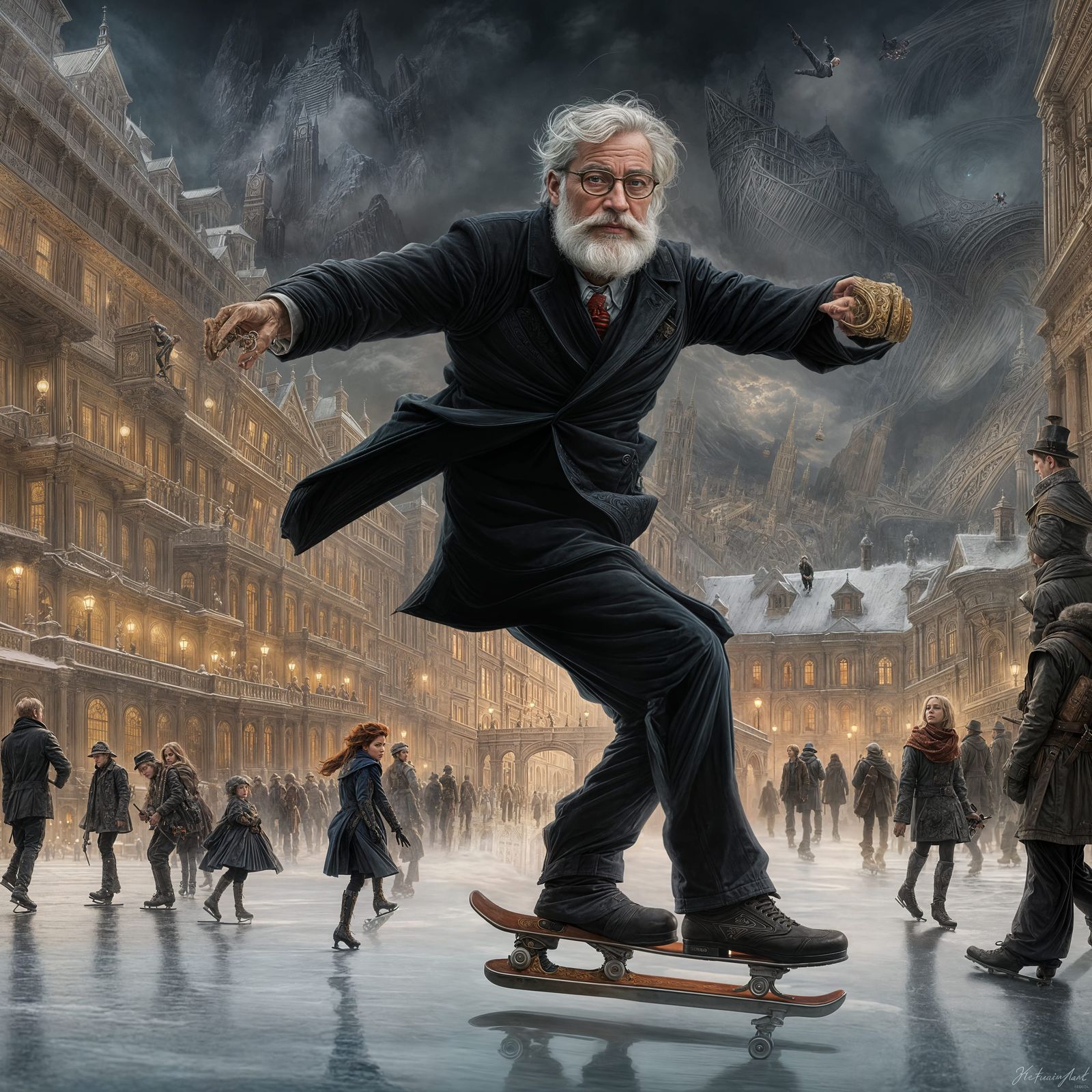 Skating Minister Painting in Maximalist Style
