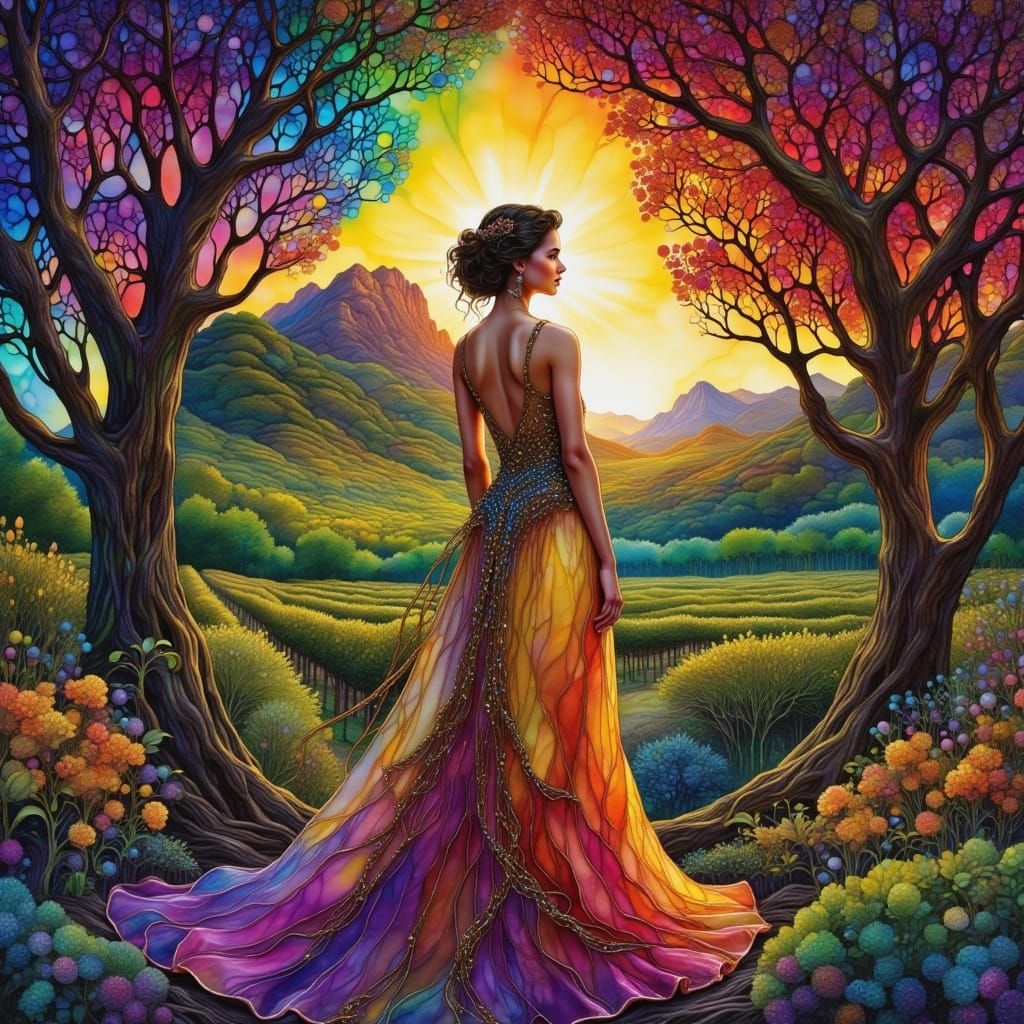 Elegant Girl in Lush Vineyard Under Dramatic Sky