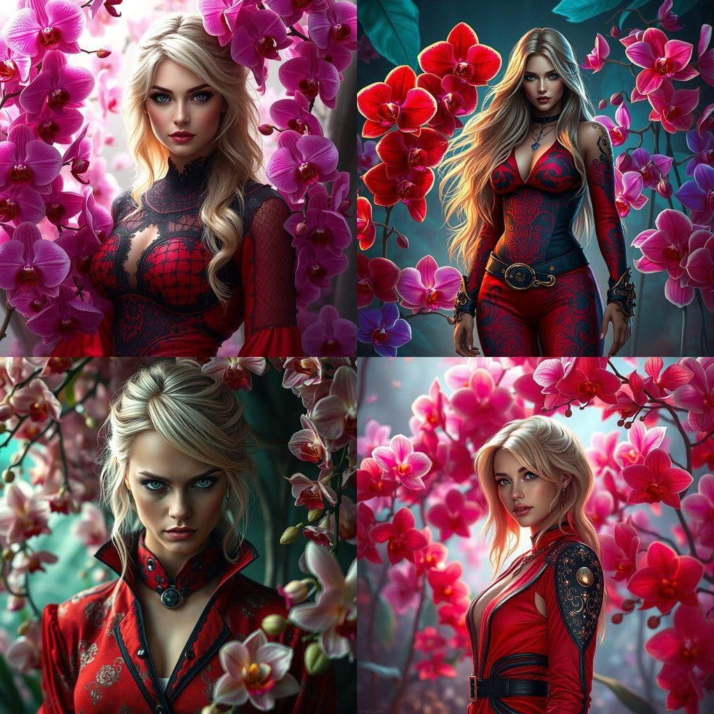 Surreal Portrait of Blonde Beauty Amidst Whimsical Orchids