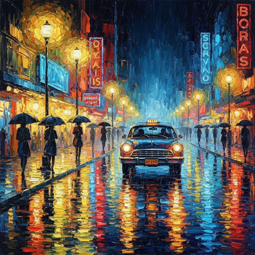 Rainy Night Cityscape in Bold Impressionist Style