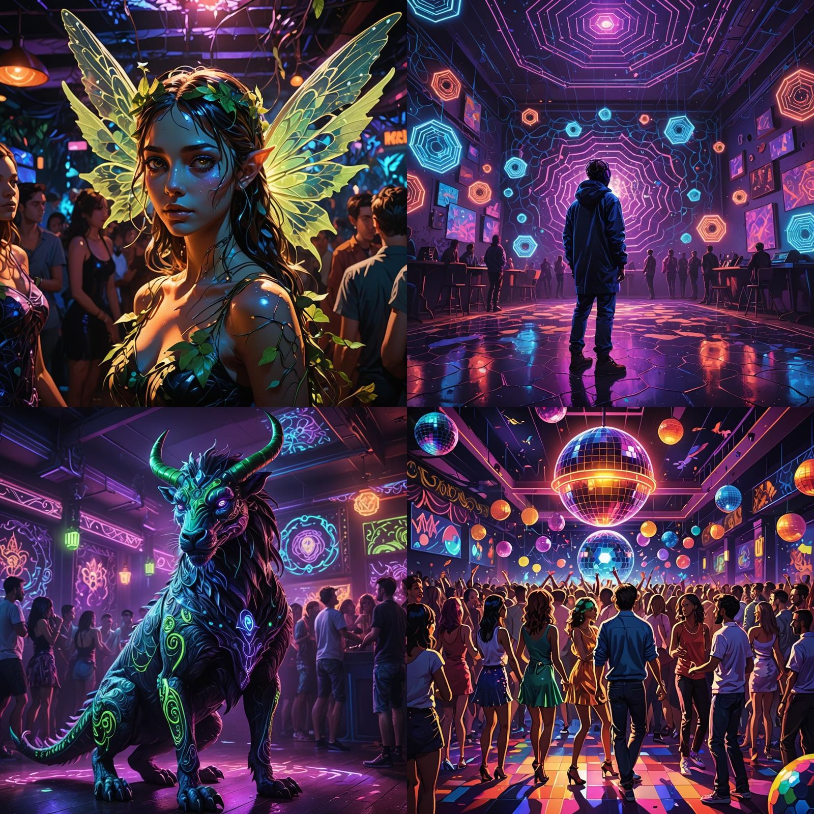 Neon Dream: Mythical Nightclub Scene in Splash Art Style