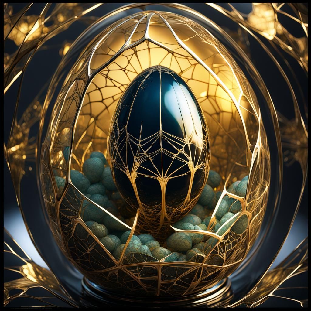 Cracked Glass Egg with Gold Fractal Spiderweb, Photorealisti...