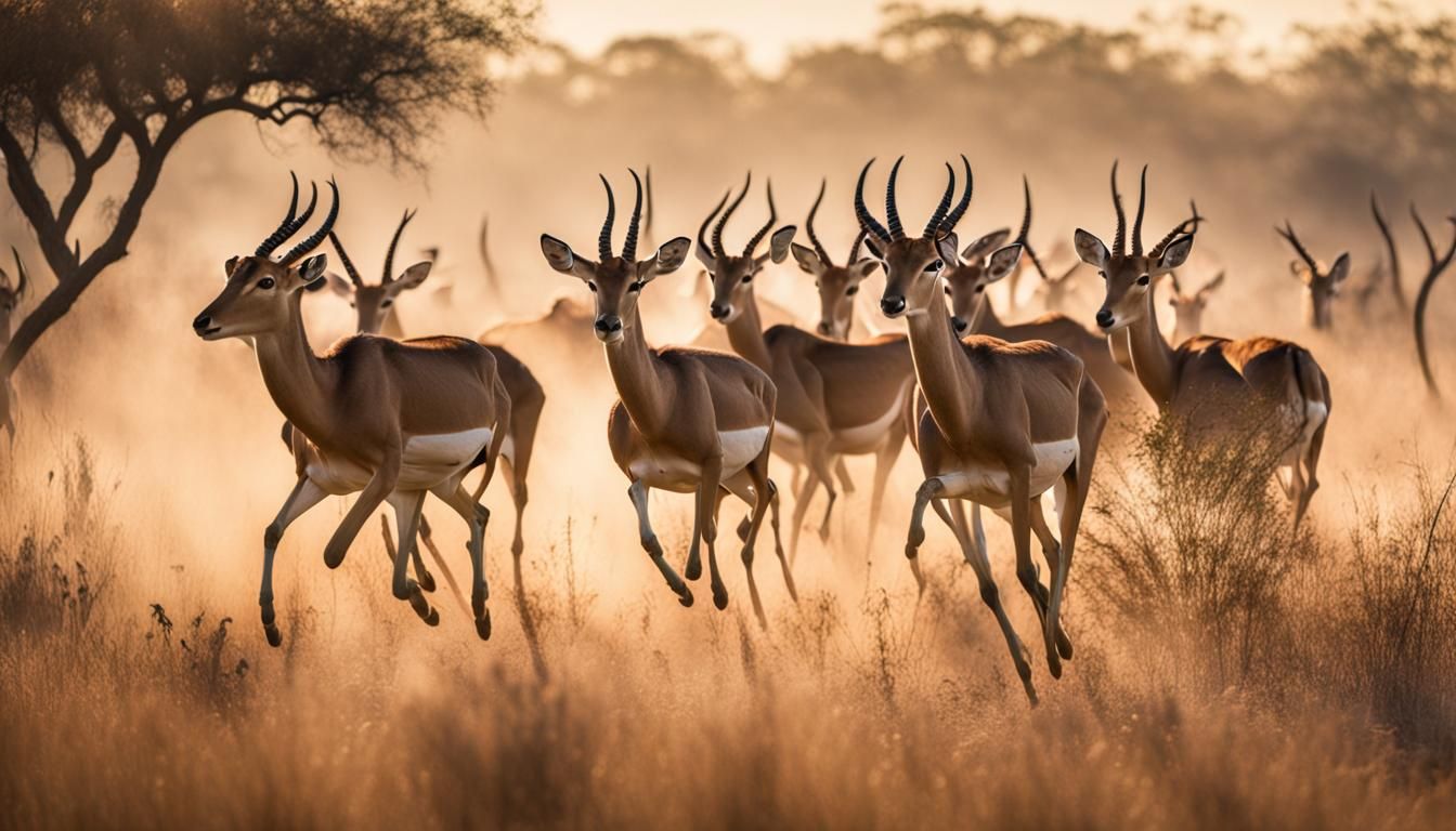 Leaping Impala Herd in Golden Sunlight