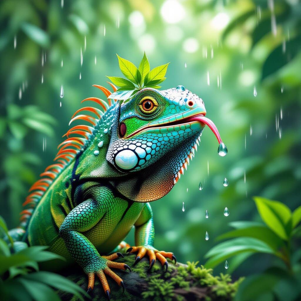 Iguana Drinks Rain in Lush Jungle Pop Art