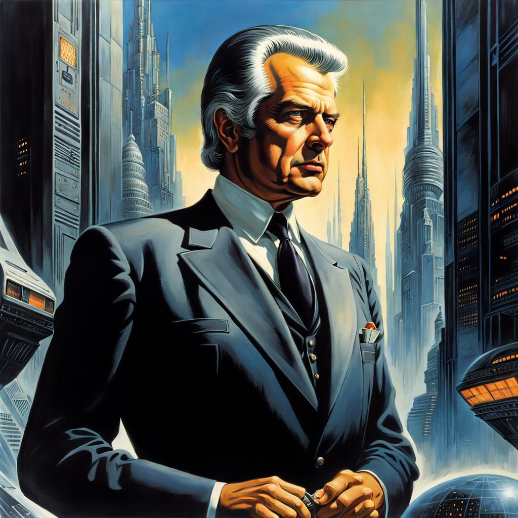 Vintage Businessman in City of the Future