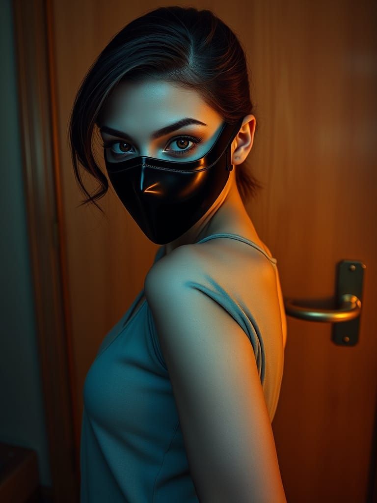 Sleek Domino Mask Girl Embodies Quiet Confidence in Film Noi...