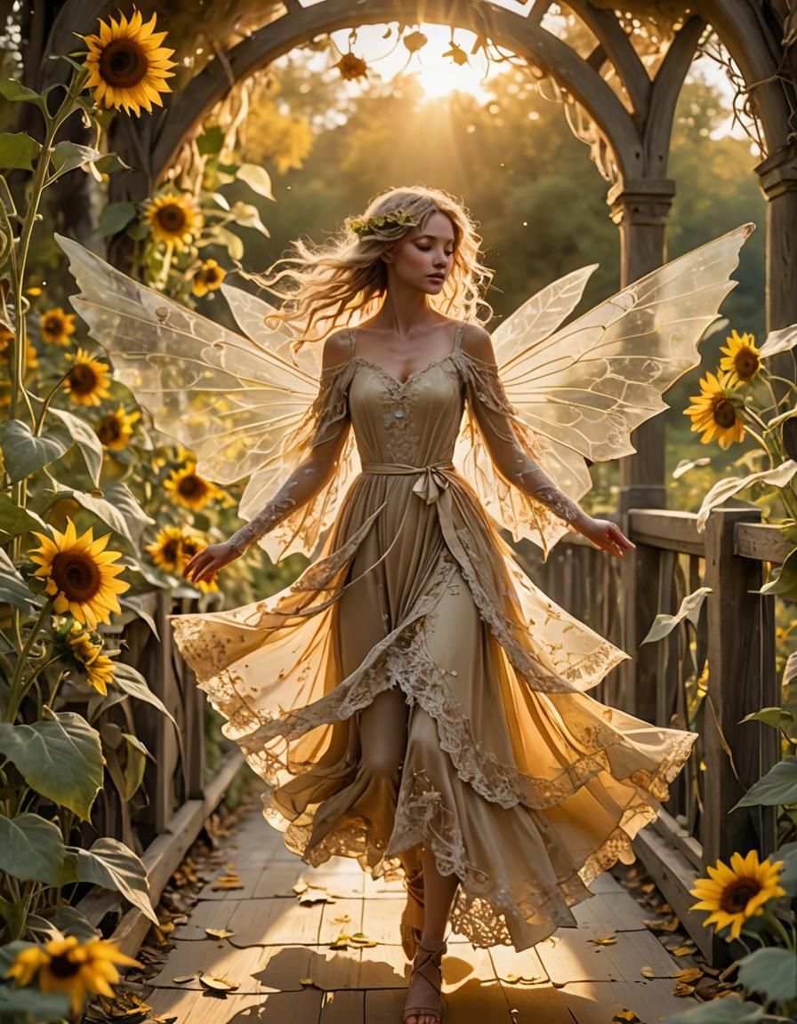Golden Fairy on Sunflower Bridge, Fantasy Art