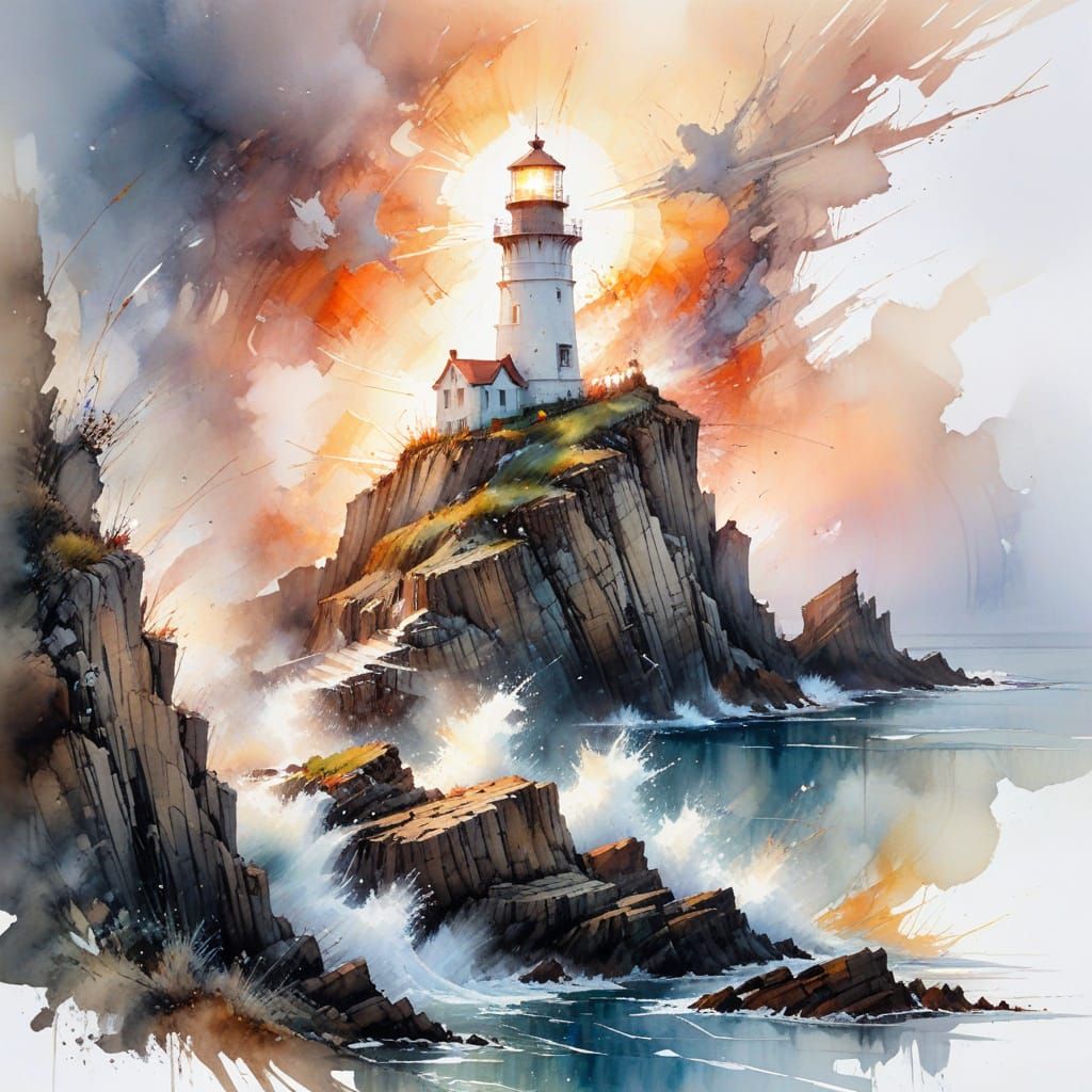 Lighthouse on Cliff at Sunrise in Watercolor Style