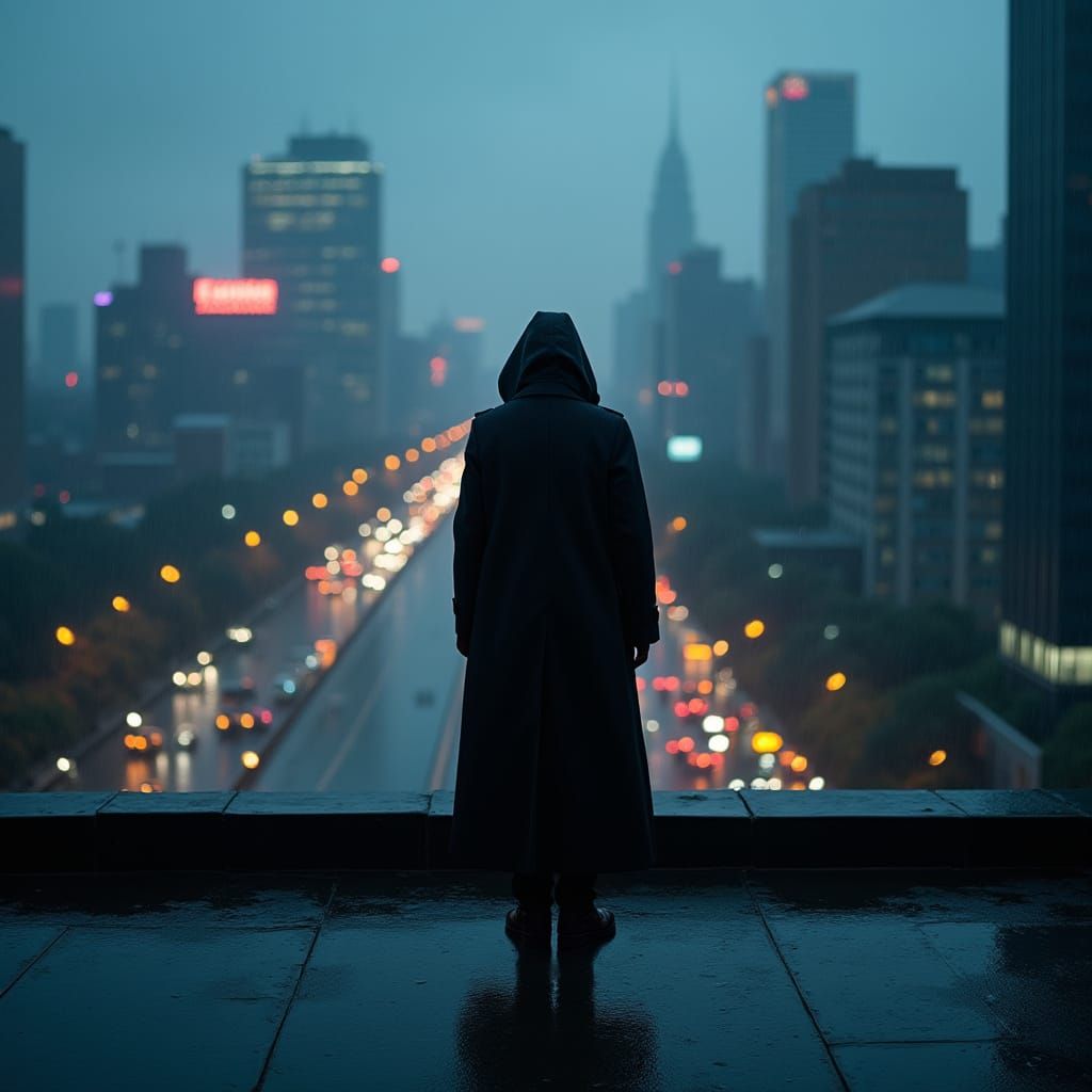 Figure in Long Coat Stands on City Rooftop at Twilight