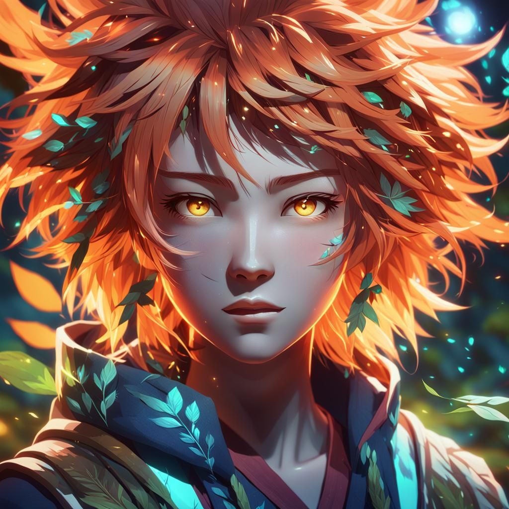Anime Spirit Portrait with Glowing Foliage