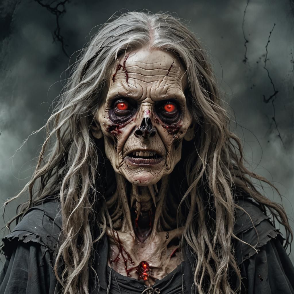 Portrait of a ghastly old witch, now frail and powerless. He...