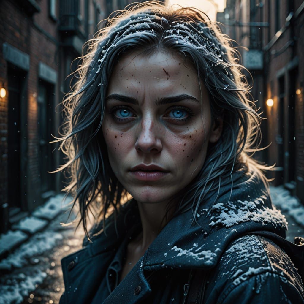 Grunge Portrait of Woman with Icy Blue Eyes