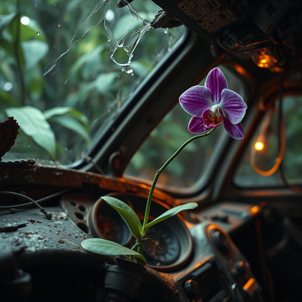 Orchid Blooms in Derelict Spaceship: Photorealistic Art