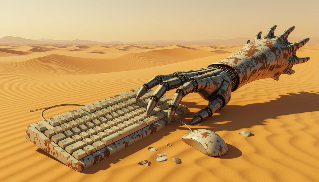 Dinosaur Skin Keyboard in Surreal Desert Landscape