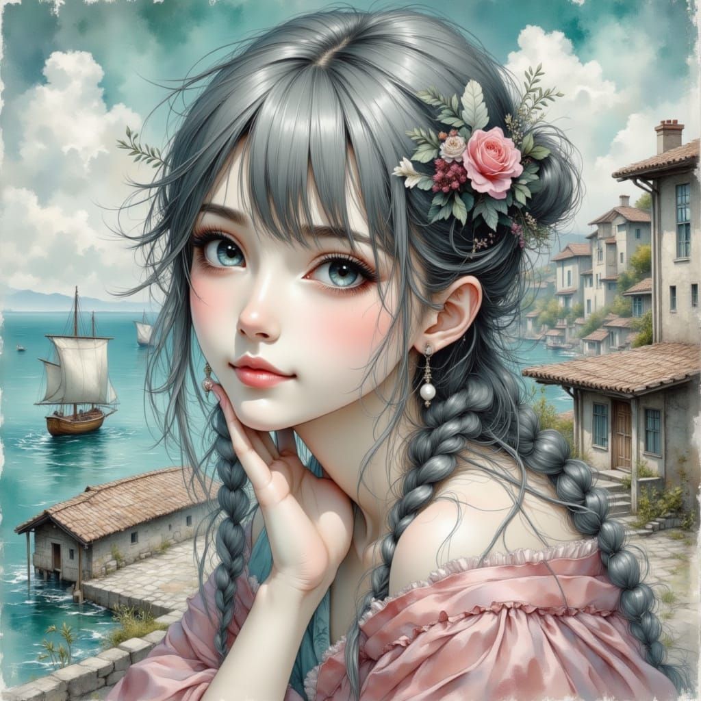 Anime Woman by Ocean in Muted Tones as Ink Drawing