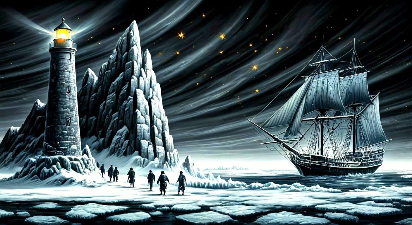 Surreal Lighthouse Scene in Charcoal Drawing Style