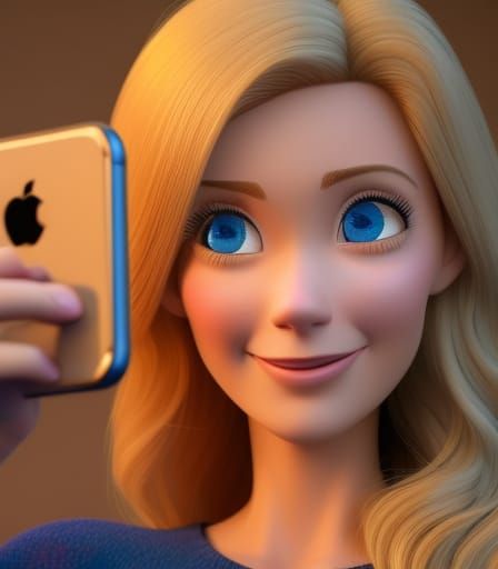 Blonde Woman Taking Selfie in Pixar Disney Style