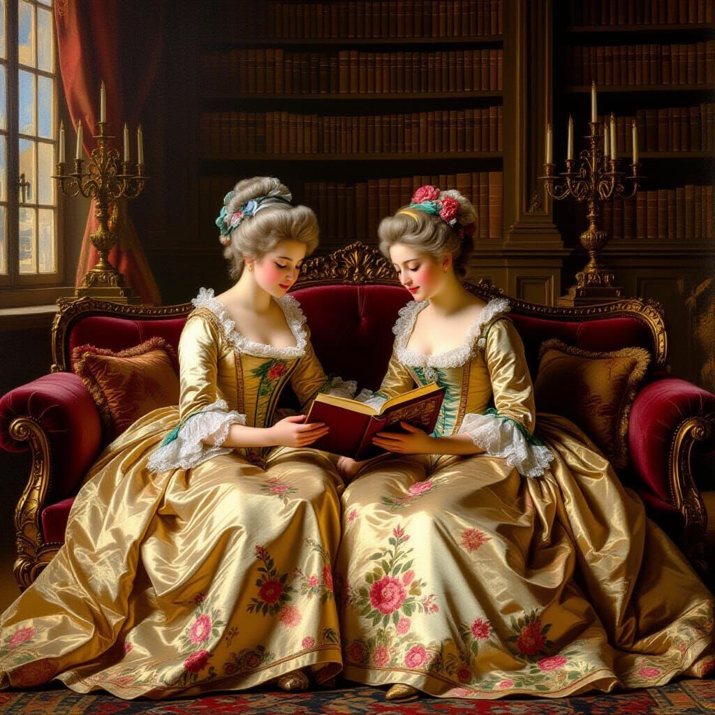 18th Century Mother and Daughter Reading in Castle