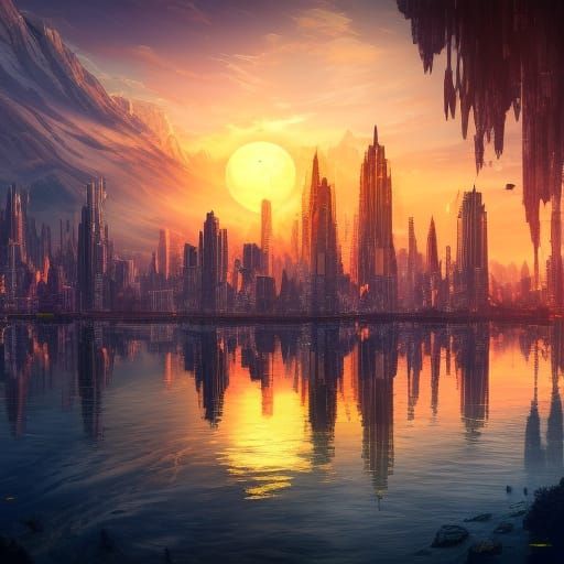 Cityscape Sunset Reflection: Detailed Matte Painting