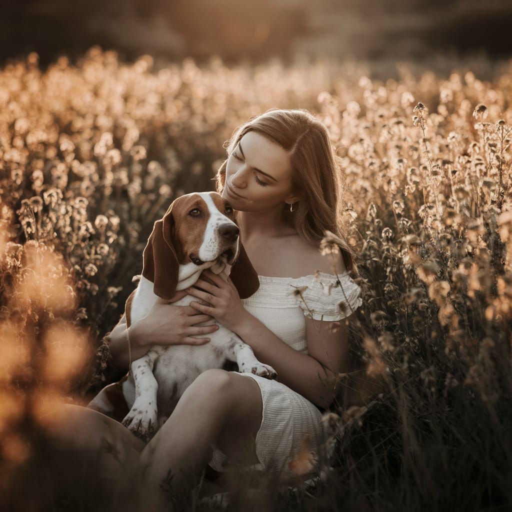 Woman and Basset Hound in Golden Hour Field