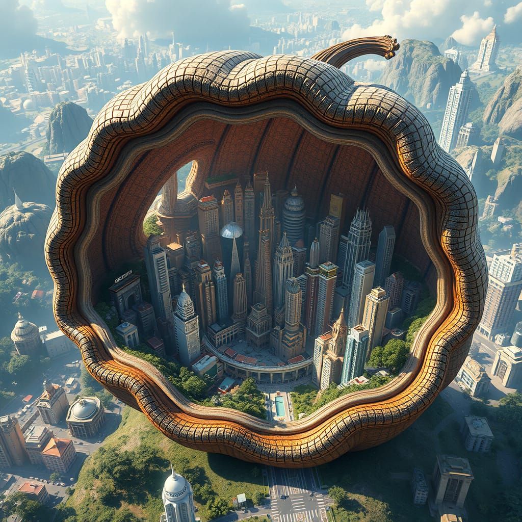 Modern City Inside Giant Acorn Shell, 3D Game Art