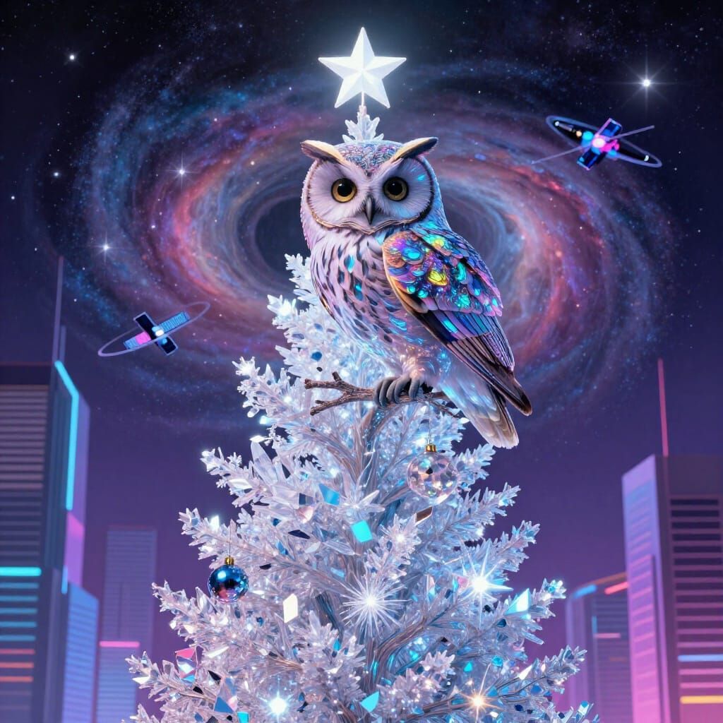 Celestial Owl on Crystalline Tree with Retro-Futuristic City