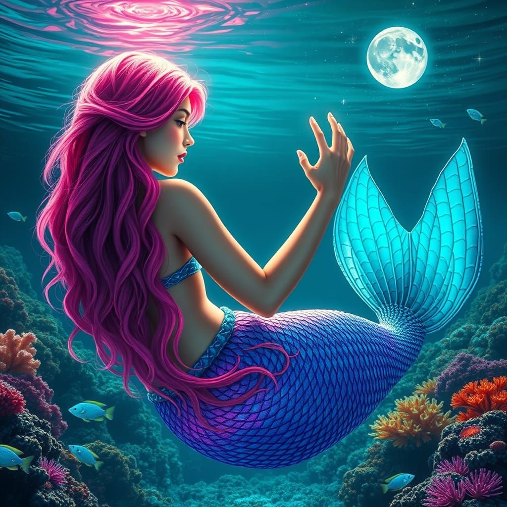 Hyperrealistic Mermaid Reaching for the Moon in 8k
