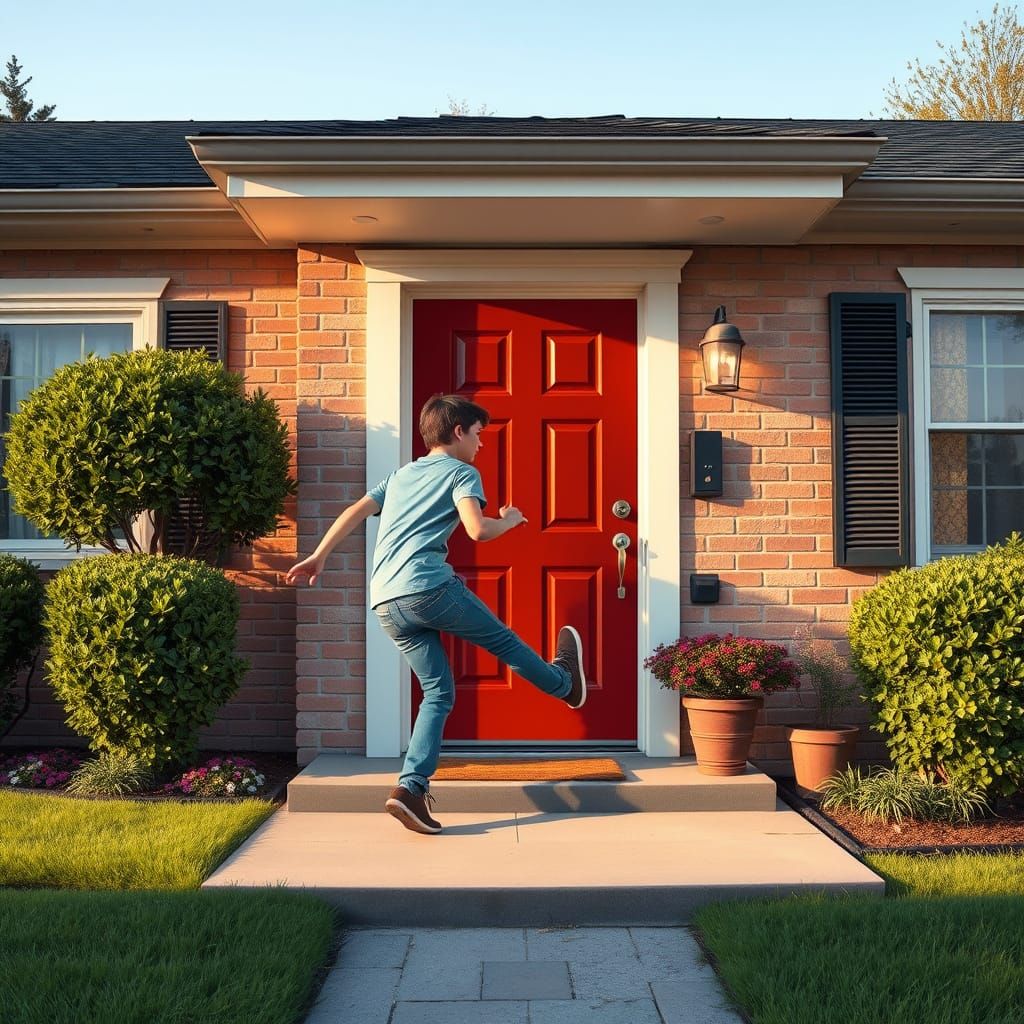 Exterior shot. A mischievous teen kicking the front door of ...