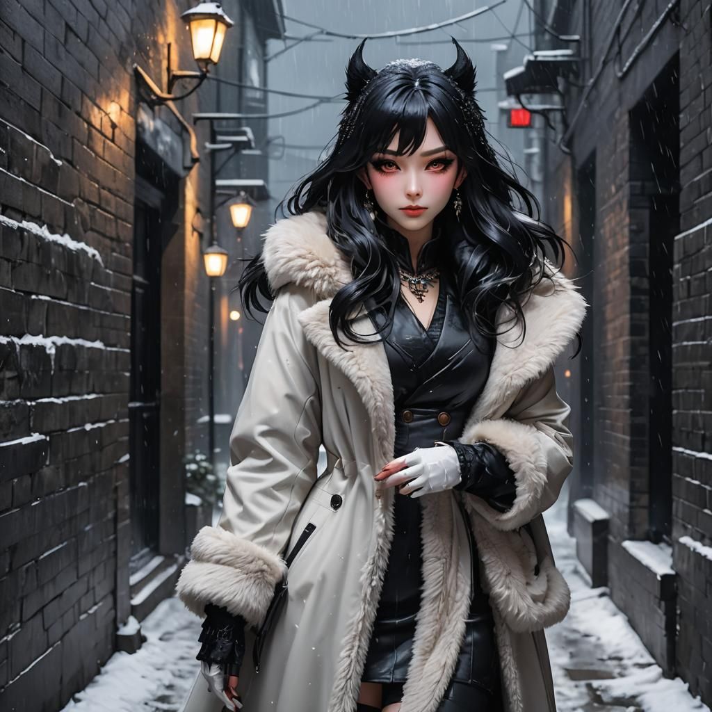 An adult anime girl with a sinister grin, her eyes glowing w...