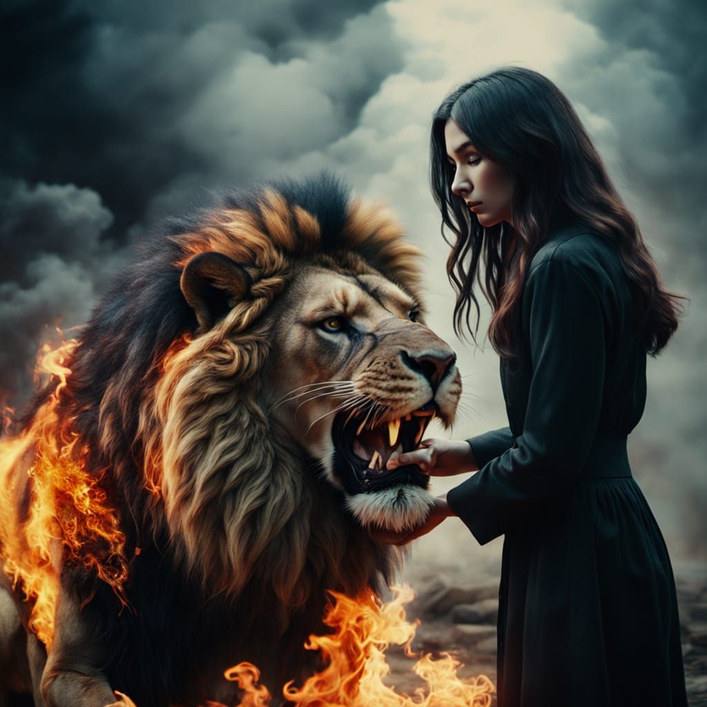 A Woman Tenderly Touches a Lion of Blazing Flames in Cinemat...
