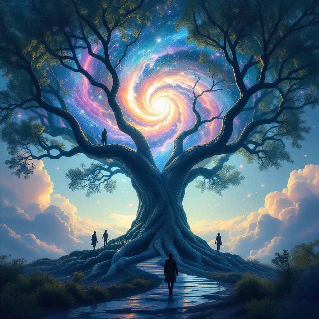 Giant Glass Tree with Galaxies, Surreal Dreamscape