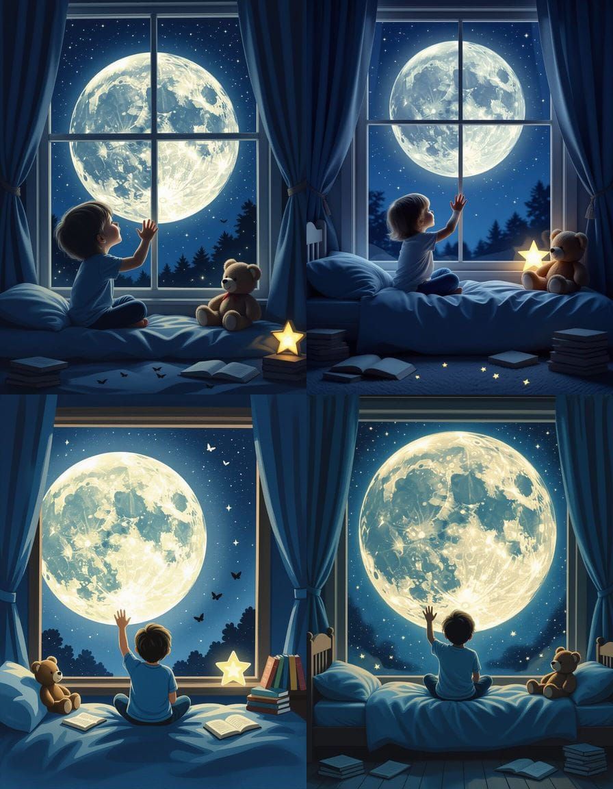 Child's Wonder: Mystical Moonlit Bedroom in Gouache