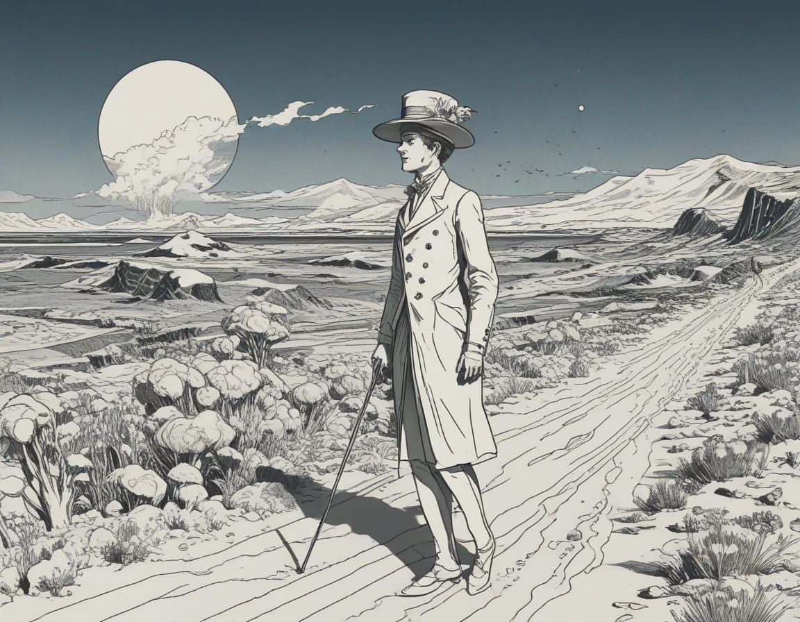 Weathered Adventurer in Retrofuturistic Landscape