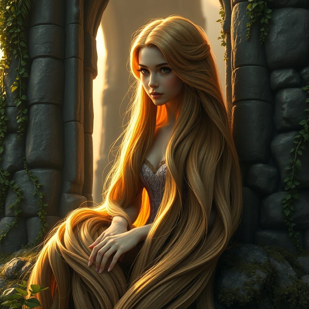 Golden-Hued Repunzel in Ancient Tower Digital Portrait