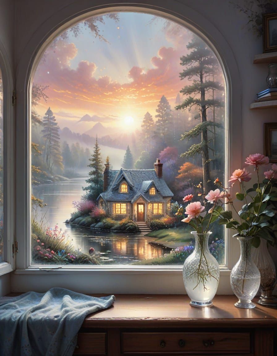 Cozy House Sunrise Over Lake in Watercolour Style