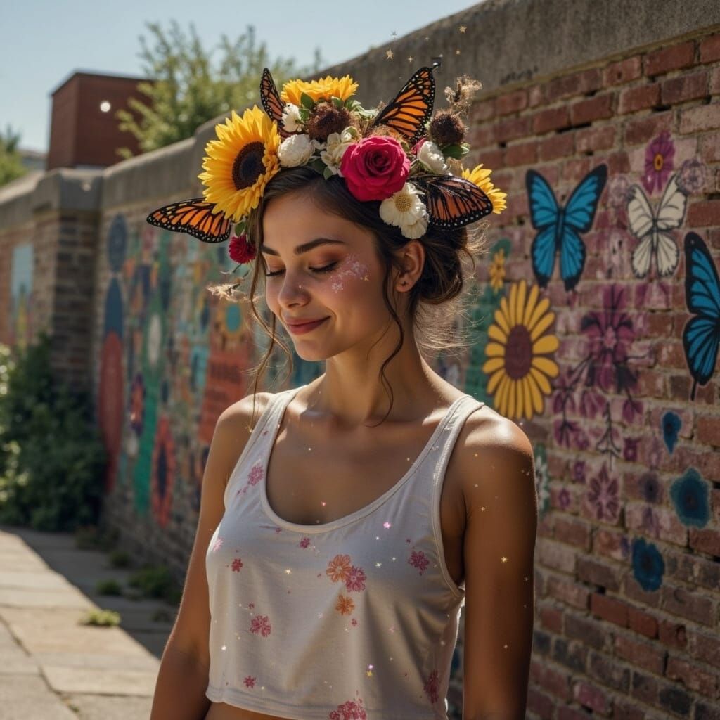 Girl Surrounded by Whimsical Lights and Stars
