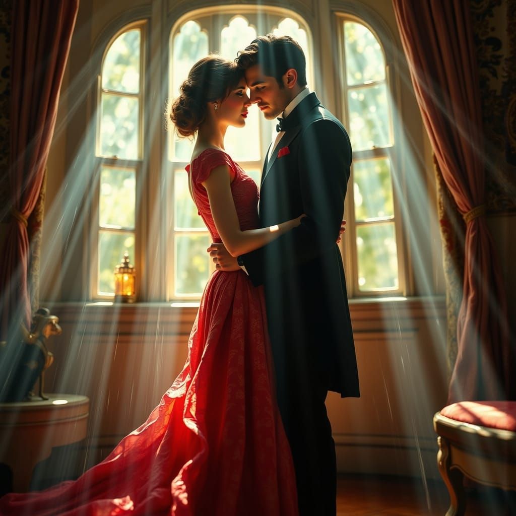 Rhett Butler Embraces Scarlett in Storm, Art Nouveau Style