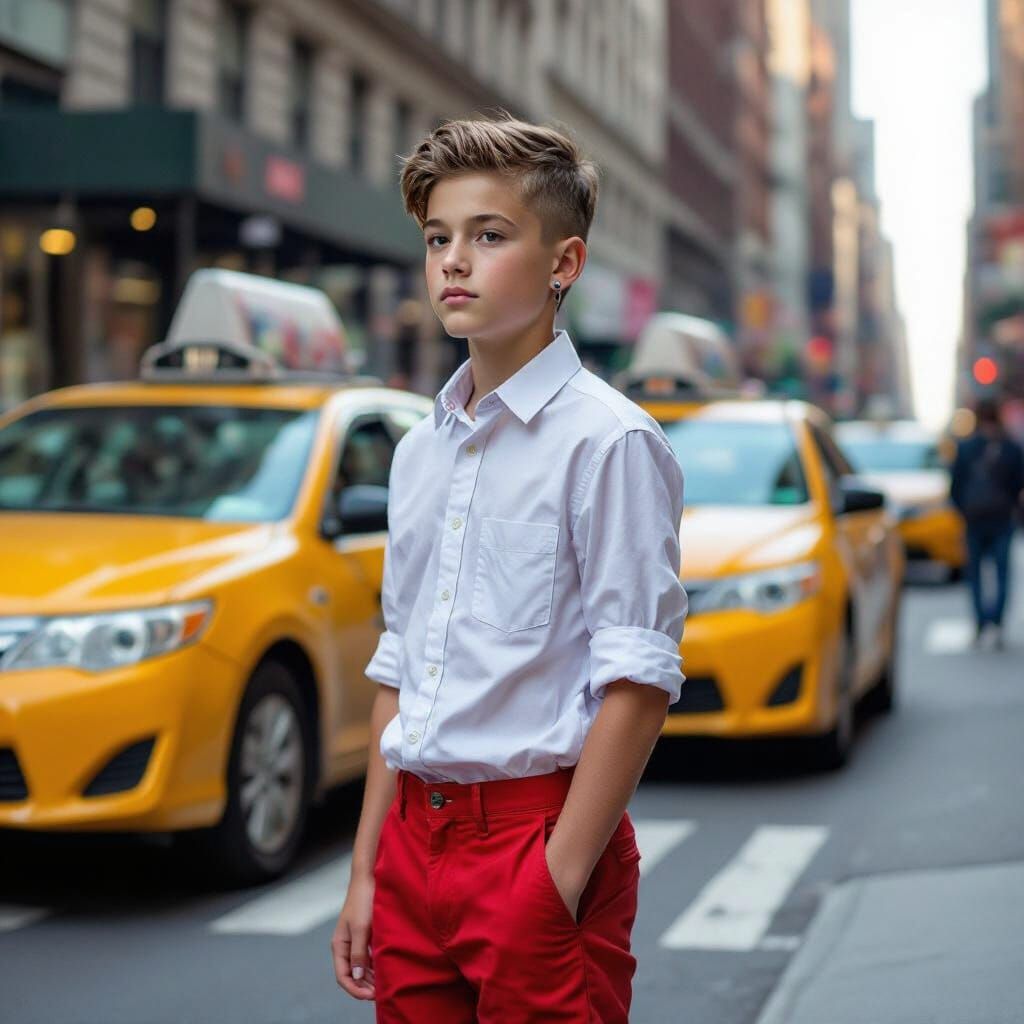 Boy Hails Yellow Cab on Broadway in Hyperrealistic Style