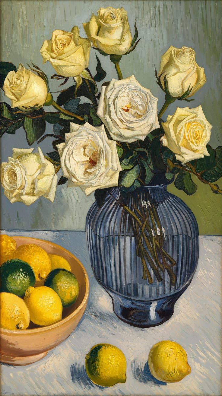 Yellow Roses in Vase, Van Gogh Style Still Life