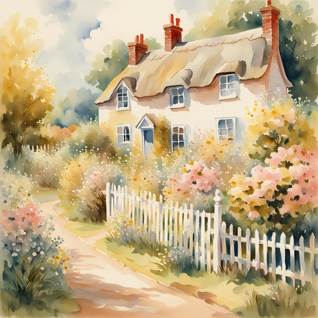 Idyllic Cottage Scene in Watercolour Style