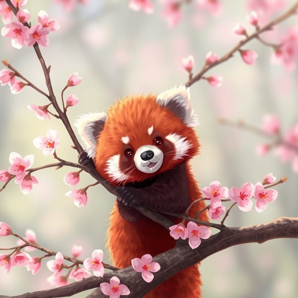 Fluffy Red Panda Among Cherry Blossoms in Gentle Sunlight