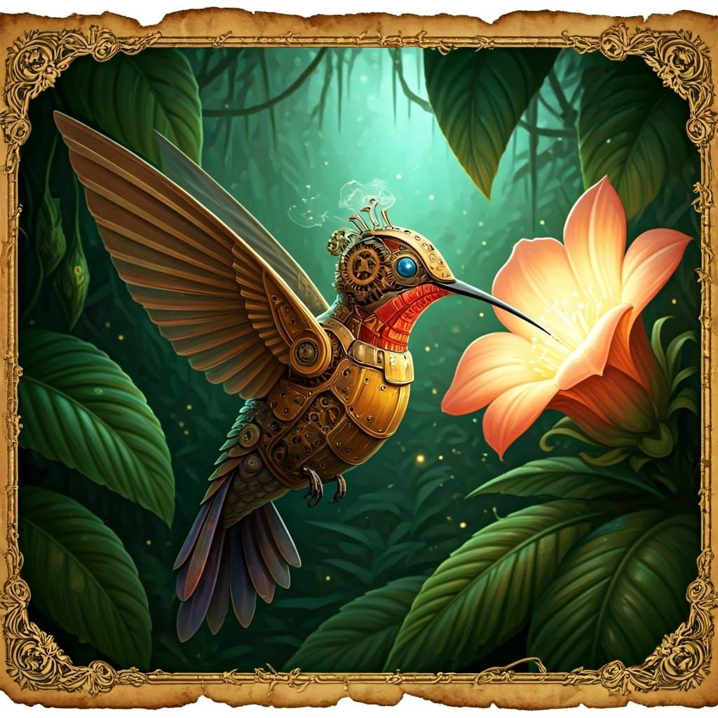 Steampunk Robot Hummingbird in Bioluminescent Jungle Illustr...