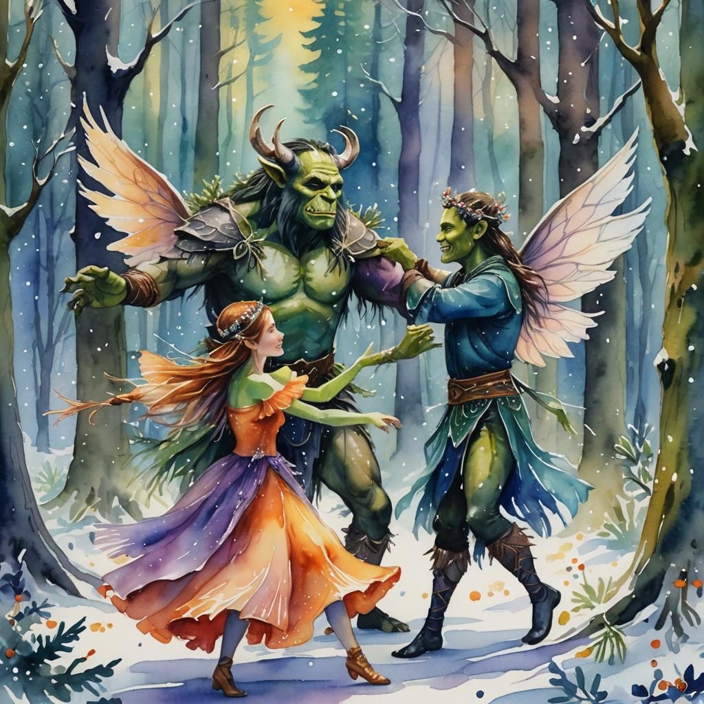 Orc and Fairy Dance in Snowy Forest, Watercolor
