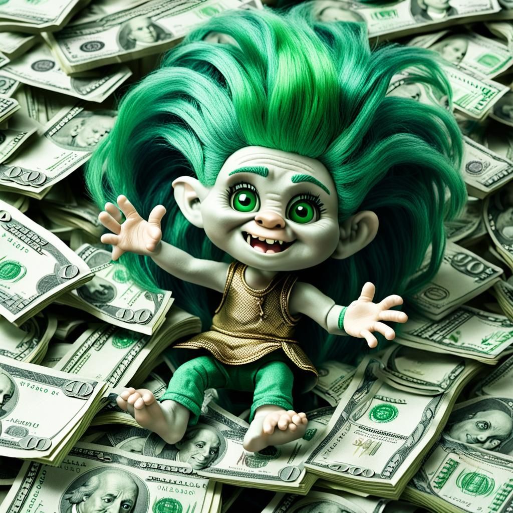 Green Haired Troll Doll Plays in Money