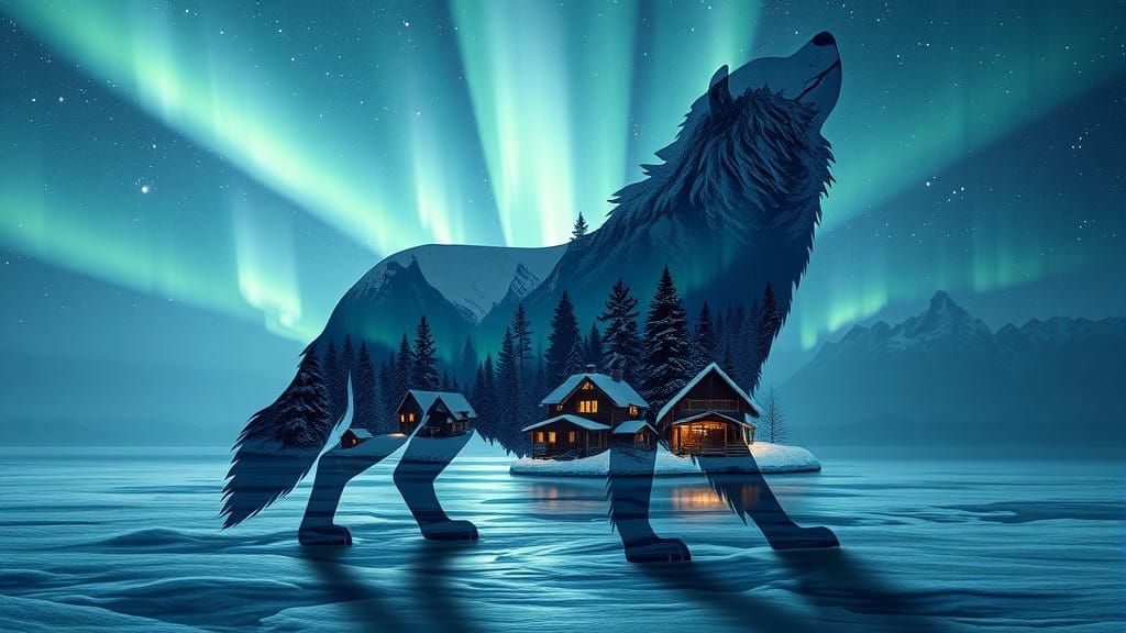 Surreal Arctic Wonderland under Starry Night Sky with Aurora...