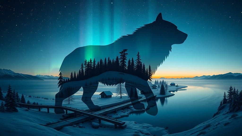 Stunning Double Exposure with Arctic Animal Silhouette in Wi...