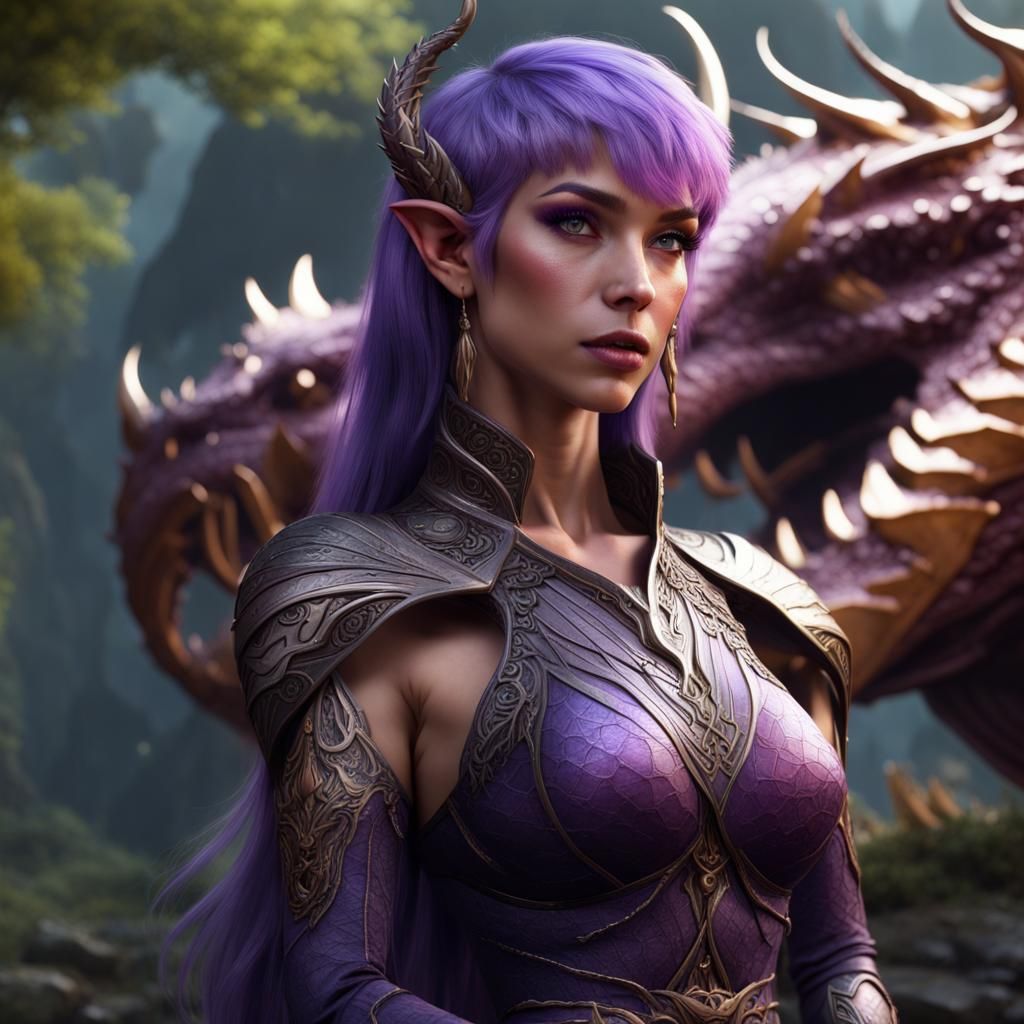 Elf Woman with Purple Hair and Dragon