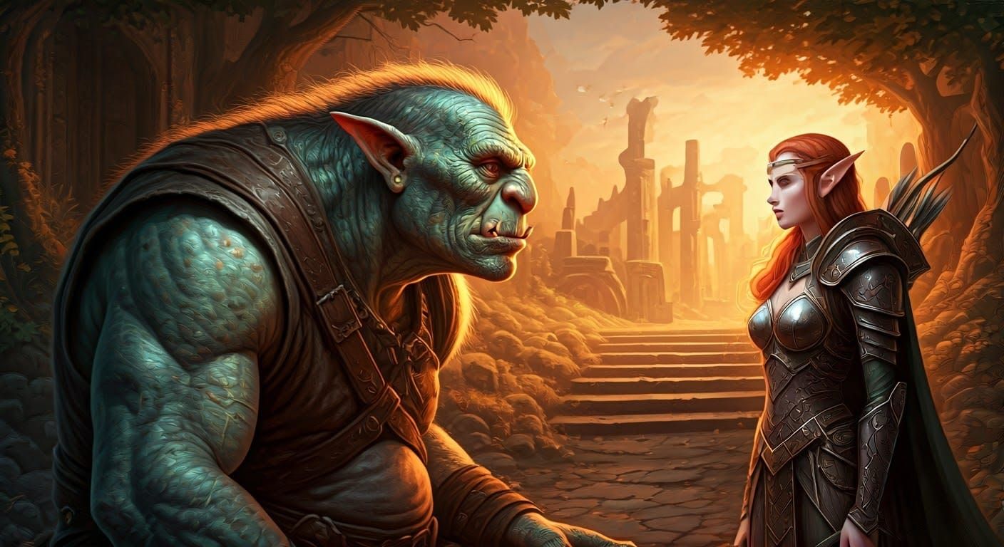 Friendly Troll Engages in Whimsical Conversation with Elf Ra...